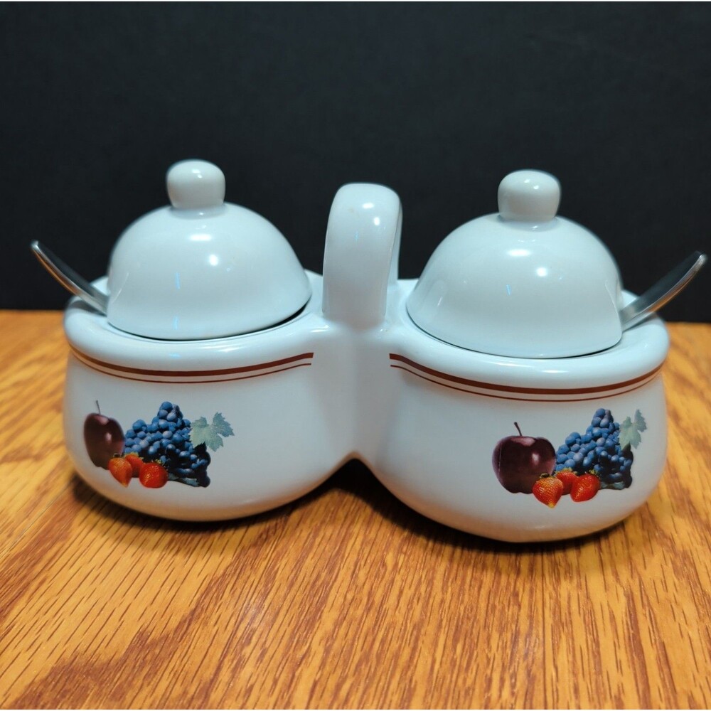 Houston Harvest Ceramic Double Jam Jelly Condiment Jar Fruit Motif Spoons Set